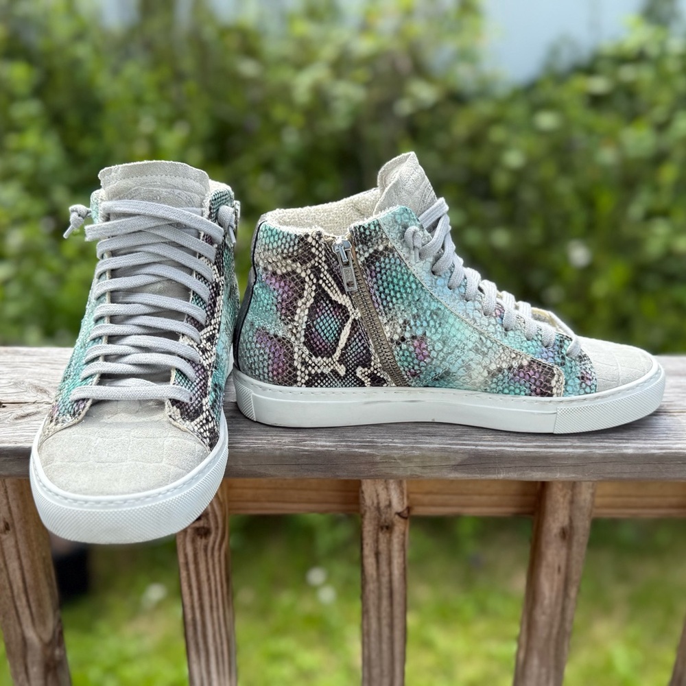 P448 High-Top Sneakers - Teal and Beige Snakeskin